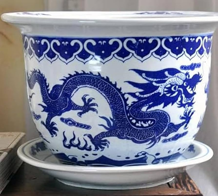 中国　青いドラゴン模様の陶器皿　大皿 中華皿 プレート 皿 16.3cm 中華食器 中華料理 炒飯の取り皿に